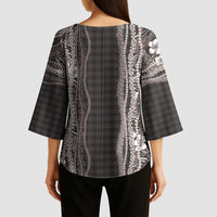 Hawaiian Art Flower Tribal with Lei Kimono Sleeve Blouse Palaka Pattern Grayscale - Polynesian Pride