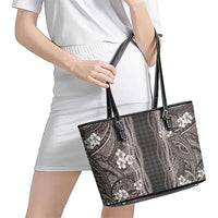 Hawaiian Art Flower Tribal with Lei Leather Tote Bag Palaka Pattern Grayscale - Polynesian Pride