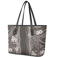 Hawaiian Art Flower Tribal with Lei Leather Tote Bag Palaka Pattern Grayscale - Polynesian Pride