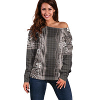 Hawaiian Art Flower Tribal with Lei Off Shoulder Sweater Palaka Pattern Grayscale - Polynesian Pride