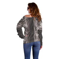Hawaiian Art Flower Tribal with Lei Off Shoulder Sweater Palaka Pattern Grayscale - Polynesian Pride