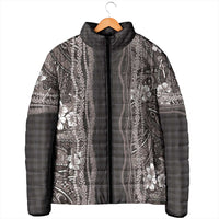 Hawaiian Art Flower Tribal with Lei Padded Jacket Palaka Pattern Grayscale - Polynesian Pride