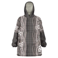 Hawaiian Art Flower Tribal with Lei Wearable Blanket Hoodie Palaka Pattern Grayscale - Polynesian Pride