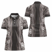 Hawaiian Art Flower Tribal with Lei Women Polo Shirt Palaka Pattern Grayscale - Polynesian Pride
