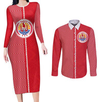 Custom Tahiti Football-Iron Warriors Couples Matching Long Sleeve Bodycon Dress and Long Sleeve Button Shirt LT03 Red - Polynesian Pride