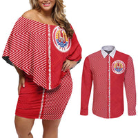 Custom Tahiti Football-Iron Warriors Couples Matching Off Shoulder Short Dress and Long Sleeve Button Shirt LT03 Red - Polynesian Pride