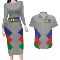 Custom New Caledonia-The Kagus Couples Matching Long Sleeve Bodycon Dress and Hawaiian Shirt LT03 Gray - Polynesian Pride