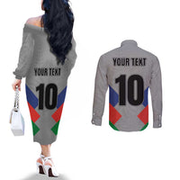 Custom New Caledonia-The Kagus Couples Matching Off The Shoulder Long Sleeve Dress and Long Sleeve Button Shirt LT03 - Polynesian Pride