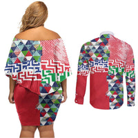 Hawaiian Floral Kakau Tropical Leaves-Sporty Style Couples Matching Off Shoulder Short Dress and Long Sleeve Button Shirt