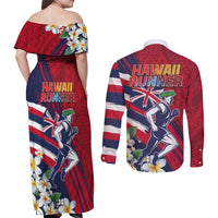 Hawaii Runner-Kakau Art with Lei and Plumeria Couples Matching Off Shoulder Maxi Dress and Long Sleeve Button Shirt