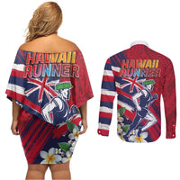 Hawaii Runner-Kakau Art with Lei and Plumeria Couples Matching Off Shoulder Short Dress and Long Sleeve Button Shirt