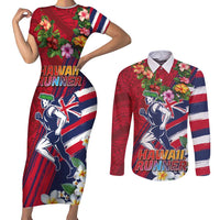 Hawaii Runner-Kakau Art with Lei and Plumeria Couples Matching Short Sleeve Bodycon Dress and Long Sleeve Button Shirt