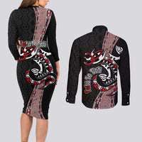 Aotearoa Toitu Te Tiriti Taniko Couples Matching Long Sleeve Bodycon Dress and Long Sleeve Button Shirt Maori Taniwha Haka - Honour the Treaty LT03 - Polynesian Pride