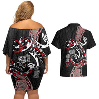 Aotearoa Toitu Te Tiriti Taniko Couples Matching Off Shoulder Short Dress and Hawaiian Shirt Maori Taniwha Haka - Honour the Treaty LT03 - Polynesian Pride