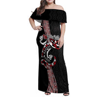 Aotearoa Toitu Te Tiriti Taniko Family Matching Off Shoulder Maxi Dress and Hawaiian Shirt Maori Taniwha Haka - Honour the Treaty LT03 Mom's Dress Black - Polynesian Pride