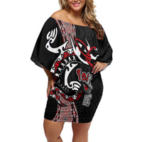 Aotearoa Toitu Te Tiriti Taniko Family Matching Off Shoulder Short Dress and Hawaiian Shirt Maori Taniwha Haka - Honour the Treaty LT03 Mom's Dress Black - Polynesian Pride
