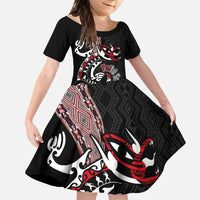 Aotearoa Toitu Te Tiriti Taniko Family Matching Tank Maxi Dress and Hawaiian Shirt Maori Taniwha Haka - Honour the Treaty LT03 Daughter's Dress Black - Polynesian Pride