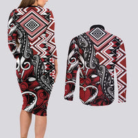 Aotearoa Maori Moko Art with Taniko Half Style Couples Matching Long Sleeve Bodycon Dress and Long Sleeve Button Shirt LT03 - Polynesian Pride