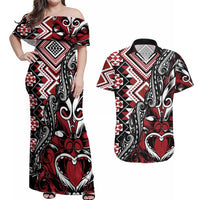 Aotearoa Maori Moko Art with Taniko Half Style Couples Matching Off Shoulder Maxi Dress and Hawaiian Shirt LT03 Black - Polynesian Pride