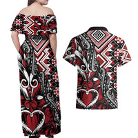 Aotearoa Maori Moko Art with Taniko Half Style Couples Matching Off Shoulder Maxi Dress and Hawaiian Shirt LT03 - Polynesian Pride