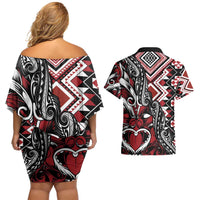 Aotearoa Maori Moko Art with Taniko Half Style Couples Matching Off Shoulder Short Dress and Hawaiian Shirt LT03 - Polynesian Pride