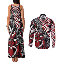 Aotearoa Maori Moko Art with Taniko Half Style Couples Matching Tank Maxi Dress and Long Sleeve Button Shirt LT03 - Polynesian Pride