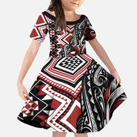 Aotearoa Maori Moko Art with Taniko Half Style Family Matching Long Sleeve Bodycon Dress and Hawaiian Shirt LT03 Daughter's Dress Black - Polynesian Pride