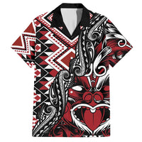 Aotearoa Maori Moko Art with Taniko Half Style Family Matching Puletasi and Hawaiian Shirt LT03 Dad's Shirt - Short Sleeve Black - Polynesian Pride