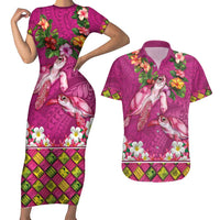 Hawaiian Lei Turtle and Plumeria Couples Matching Short Sleeve Bodycon Dress and Hawaiian Shirt Polynerian Art Tattoo-Plum Pink Color