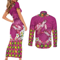 Hawaiian Lei Turtle and Plumeria Couples Matching Short Sleeve Bodycon Dress and Long Sleeve Button Shirt Polynerian Art Tattoo-Plum Pink Color