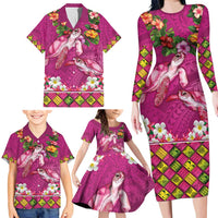 Hawaiian Lei Turtle and Plumeria Family Matching Long Sleeve Bodycon Dress and Hawaiian Shirt Polynerian Art Tattoo-Plum Pink Color