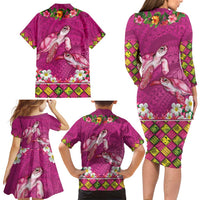 Hawaiian Lei Turtle and Plumeria Family Matching Long Sleeve Bodycon Dress and Hawaiian Shirt Polynerian Art Tattoo-Plum Pink Color