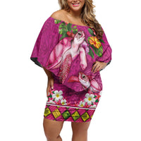Hawaiian Lei Turtle and Plumeria Family Matching Off Shoulder Short Dress and Hawaiian Shirt Polynerian Art Tattoo-Plum Pink Color
