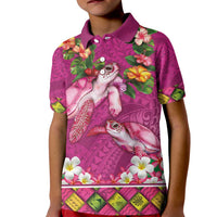 Hawaiian Lei Turtle and Plumeria Kid Polo Shirt Polynerian Art Tattoo-Plum Pink Color