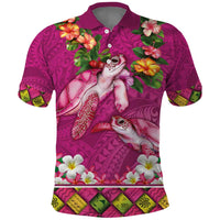 Hawaiian Lei Turtle and Plumeria Polo Shirt Polynerian Art Tattoo-Plum Pink Color