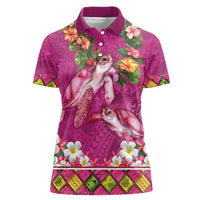 Hawaiian Lei Turtle and Plumeria Women Polo Shirt Polynerian Art Tattoo-Plum Pink Color