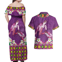 Hawaiian Lei Turtle and Plumeria Couples Matching Off Shoulder Maxi Dress and Hawaiian Shirt Polynerian Art Tattoo-Mauve Color