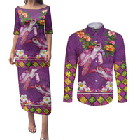 Hawaiian Lei Turtle and Plumeria Couples Matching Puletasi and Long Sleeve Button Shirt Polynerian Art Tattoo-Mauve Color LT03 Purple - Polynesian Pride