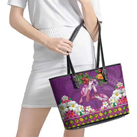 Hawaiian Lei Turtle and Plumeria Leather Tote Bag Polynerian Art Tattoo-Mauve Color