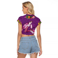 Hawaiian Lei Turtle and Plumeria Raglan Cropped T Shirt Polynerian Art Tattoo-Mauve Color LT03 - Polynesian Pride