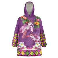Hawaiian Lei Turtle and Plumeria Wearable Blanket Hoodie Polynerian Art Tattoo-Mauve Color