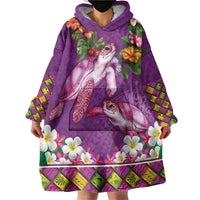 Hawaiian Lei Turtle and Plumeria Wearable Blanket Hoodie Polynerian Art Tattoo-Mauve Color