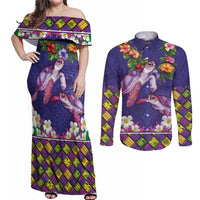 Hawaiian Lei Turtle and Plumeria Couples Matching Off Shoulder Maxi Dress and Long Sleeve Button Shirt Polynerian Art Tattoo-Navy Color LT03 Navy - Polynesian Pride