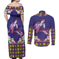Hawaiian Lei Turtle and Plumeria Couples Matching Off Shoulder Maxi Dress and Long Sleeve Button Shirt Polynerian Art Tattoo-Navy Color LT03 - Polynesian Pride