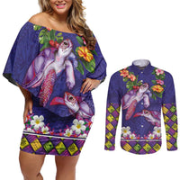 Hawaiian Lei Turtle and Plumeria Couples Matching Off Shoulder Short Dress and Long Sleeve Button Shirt Polynerian Art Tattoo-Navy Color LT03 Navy - Polynesian Pride