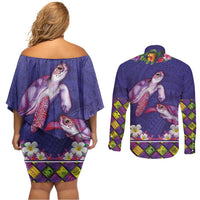 Hawaiian Lei Turtle and Plumeria Couples Matching Off Shoulder Short Dress and Long Sleeve Button Shirt Polynerian Art Tattoo-Navy Color LT03 - Polynesian Pride