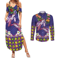 Hawaiian Lei Turtle and Plumeria Couples Matching Summer Maxi Dress and Long Sleeve Button Shirt Polynerian Art Tattoo-Navy Color LT03 Navy - Polynesian Pride