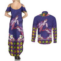 Hawaiian Lei Turtle and Plumeria Couples Matching Summer Maxi Dress and Long Sleeve Button Shirt Polynerian Art Tattoo-Navy Color LT03 - Polynesian Pride