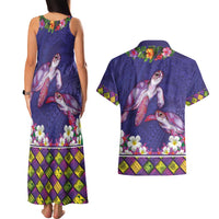 Hawaiian Lei Turtle and Plumeria Couples Matching Tank Maxi Dress and Hawaiian Shirt Polynerian Art Tattoo-Navy Color