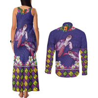 Hawaiian Lei Turtle and Plumeria Couples Matching Tank Maxi Dress and Long Sleeve Button Shirt Polynerian Art Tattoo-Navy Color LT03 - Polynesian Pride